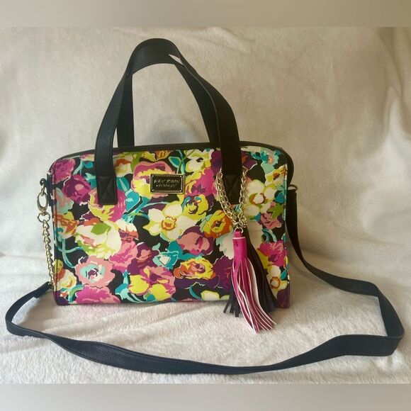Betsey Johnson Pink and Black Satchel with Floral Design - Picture 1 of 12